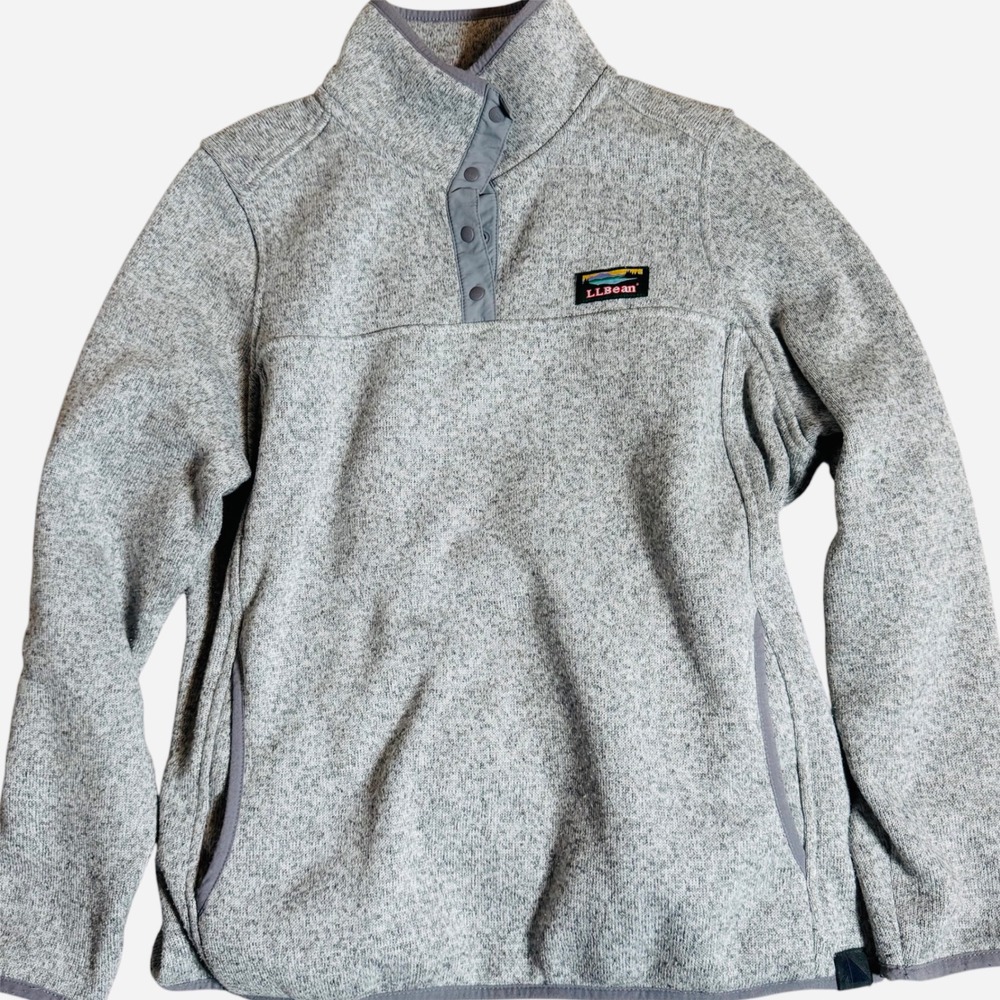 LL Bean Sweater‎ Fleece Pullover Women M Petite Gray Excellent Snap Neck 503356